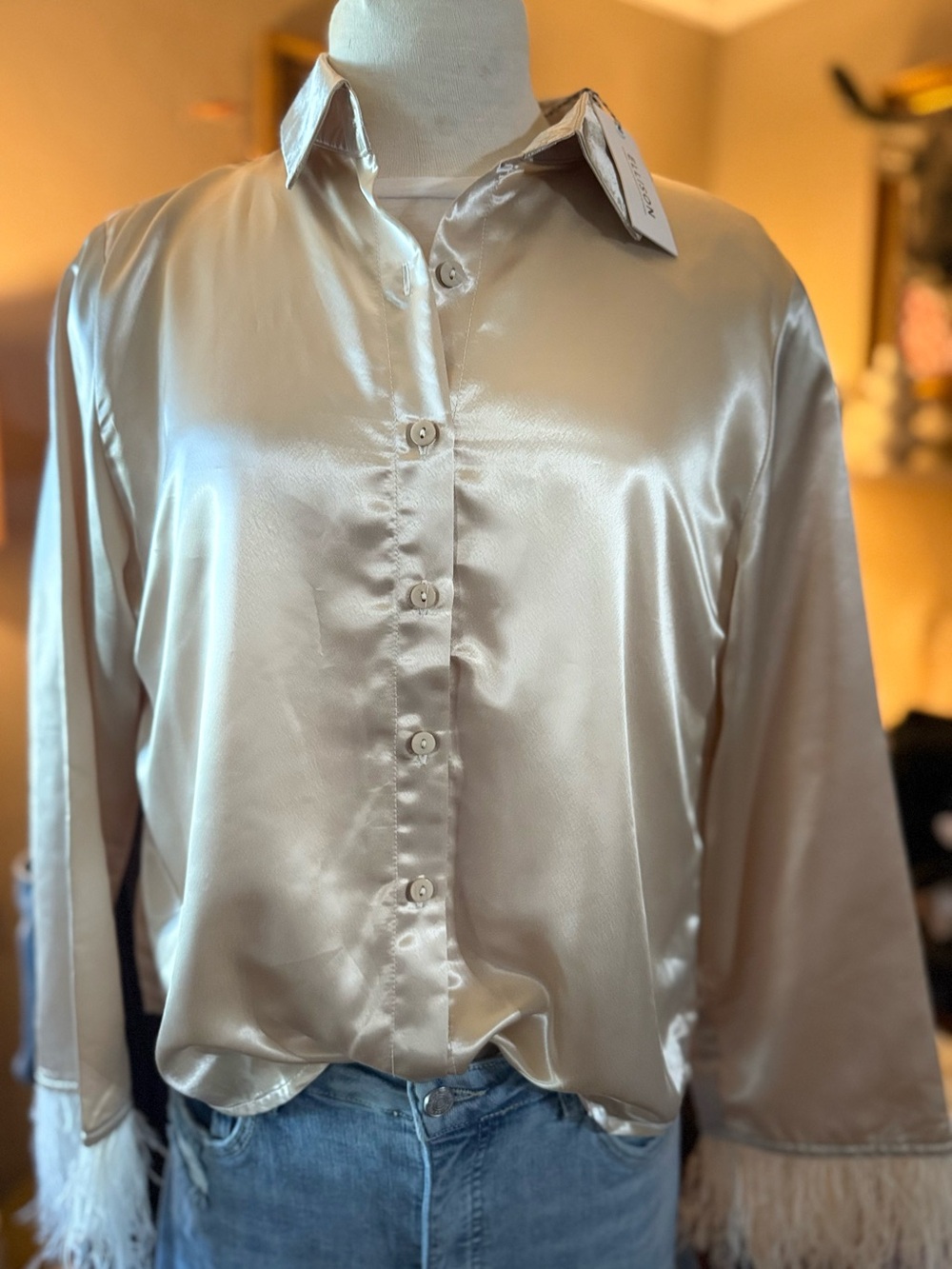 Ellison NWT Champagne Satin Button Down Blouse Feather Cuff Chic